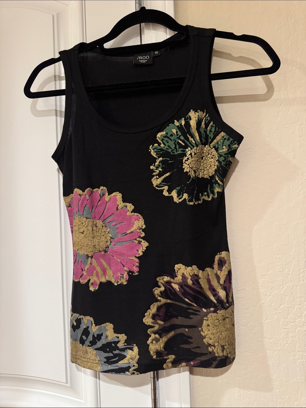 IRO Black Floral Tank with Pink, Green, Blue & Gold Accents